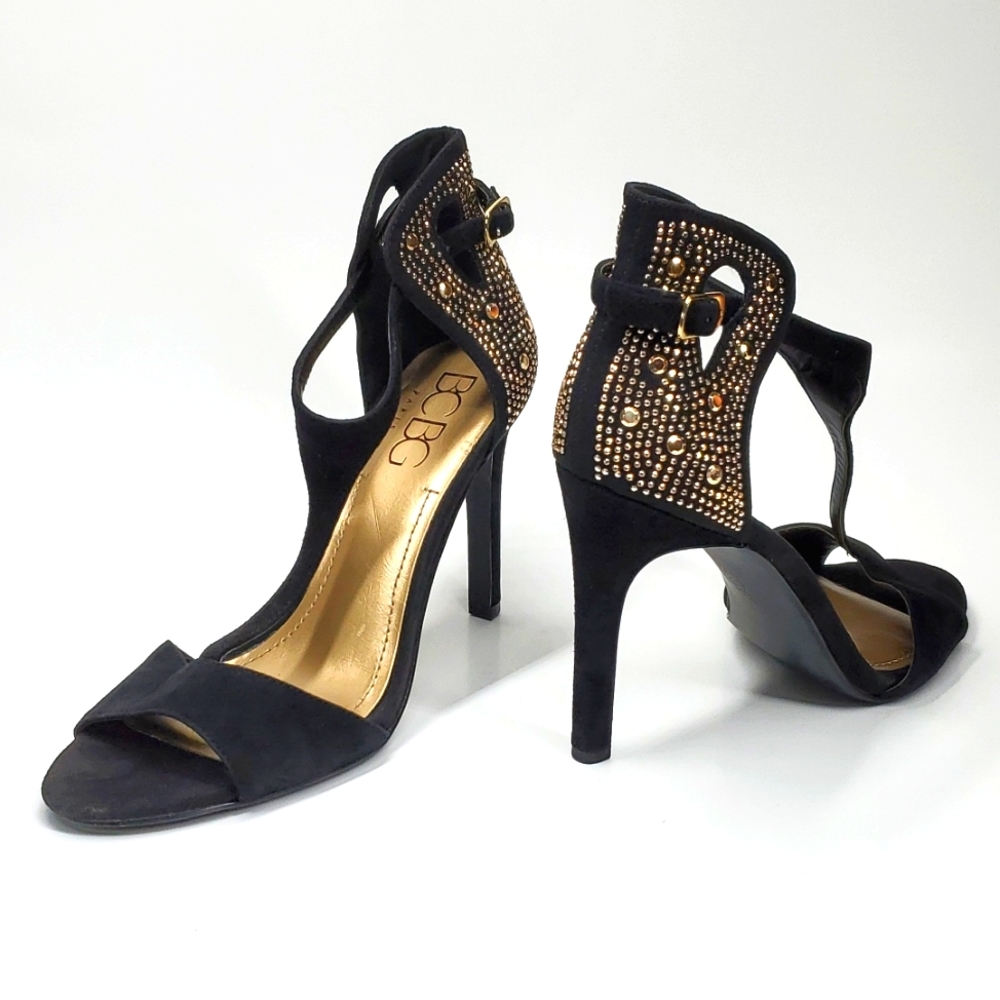 BCBG Paris PLMargina Black Leather Suede Gold Bling Heeled Sandals 9